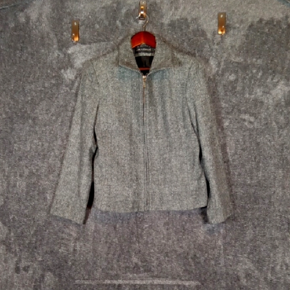 Sandro Vintage Structured Full Zip Wool Blazer Jacket Herringbone Size 10